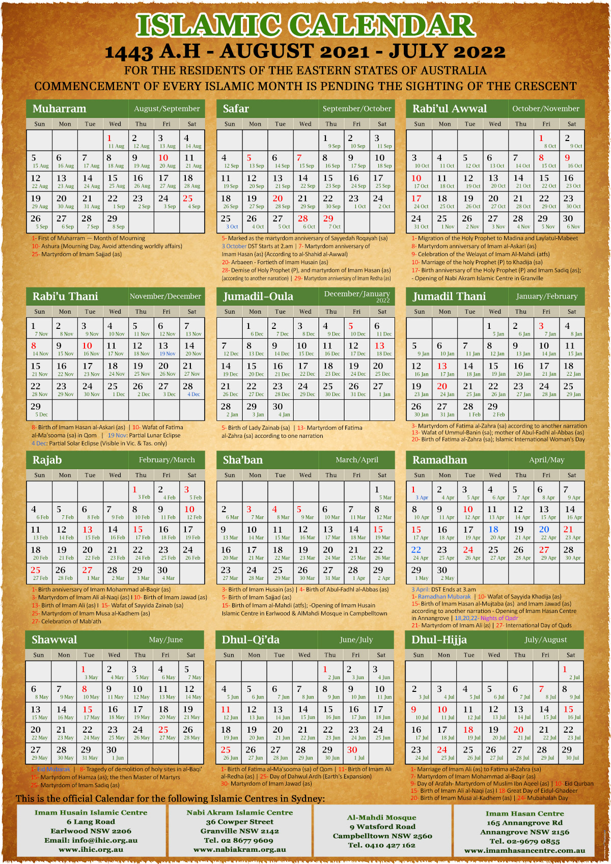Muslim Calendar 2022 Hawza - Annual Islamic Calendar